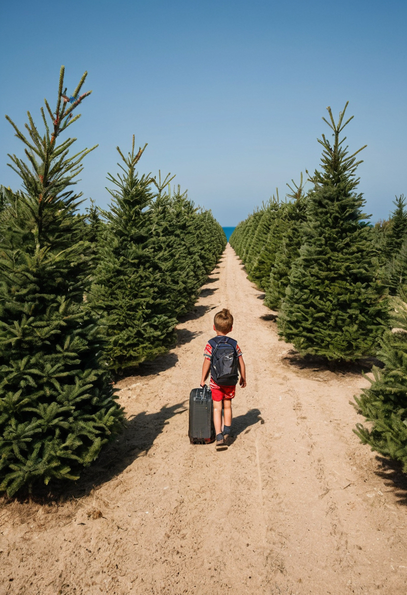 How early can a family visit a christmas tree farm and still have a fresh tree on Christmas shown with island transport and resort-access cues